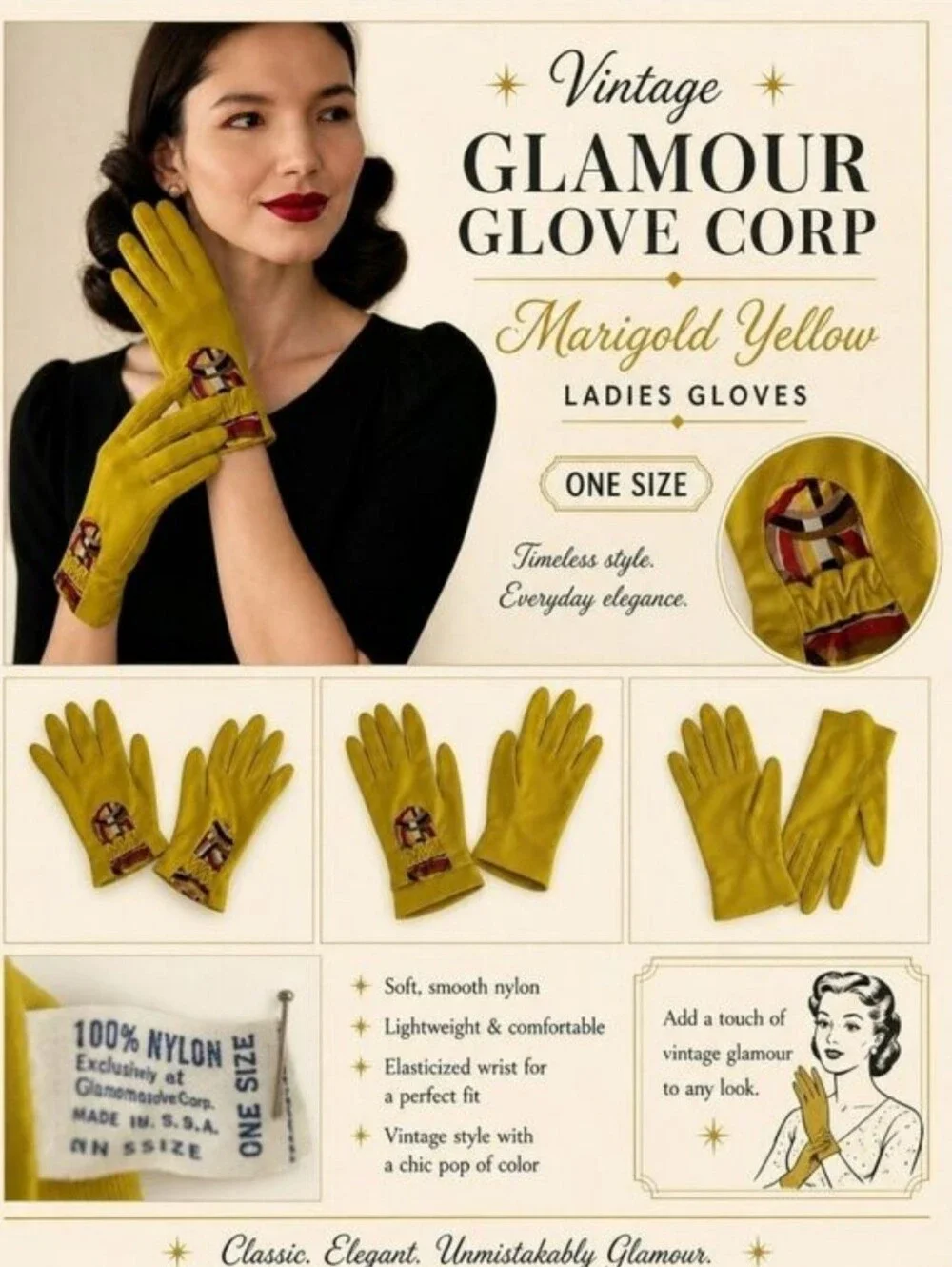 Vintage Glamour Glove Corp Marigold Yellow Nylon Gloves OS